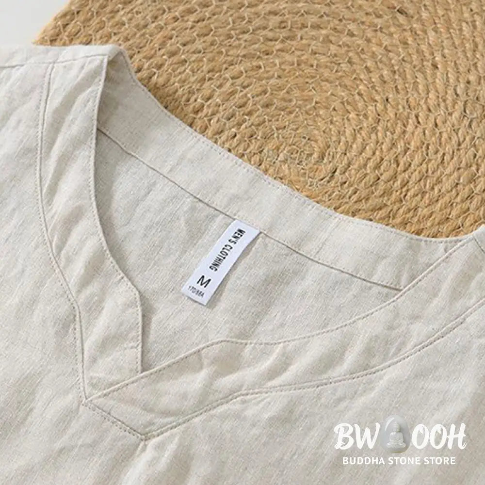 Buddha Stones Casual Plain V-neck Short Sleeve Linen Men’s Shirt - Men’s Shirts
