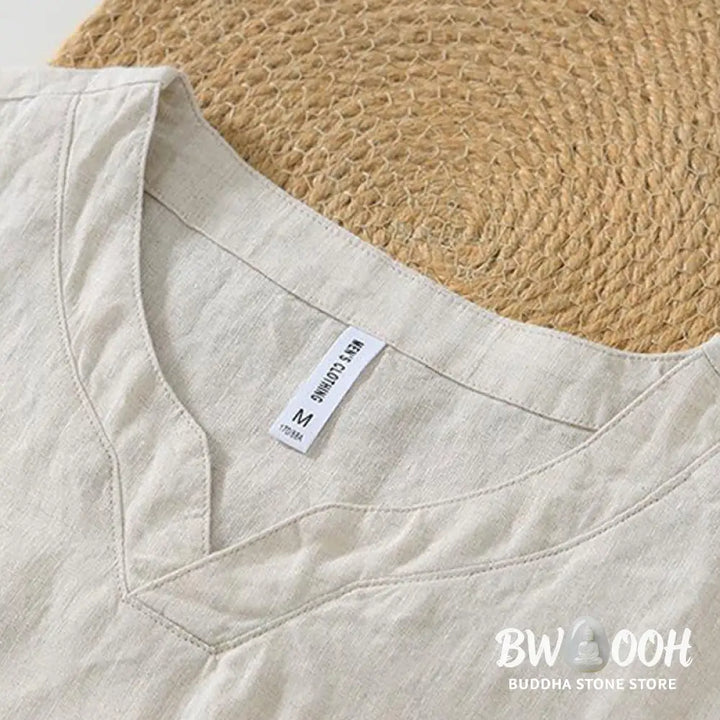 Buddha Stones Casual Plain V-neck Short Sleeve Linen Men’s Shirt - Men’s Shirts