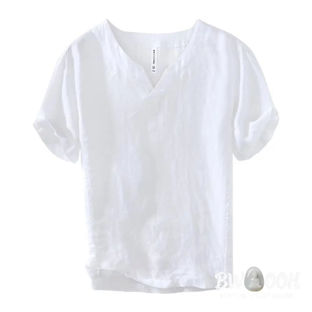 Buddha Stones Casual Plain V-neck Short Sleeve Linen Men’s Shirt - Men’s Shirts
