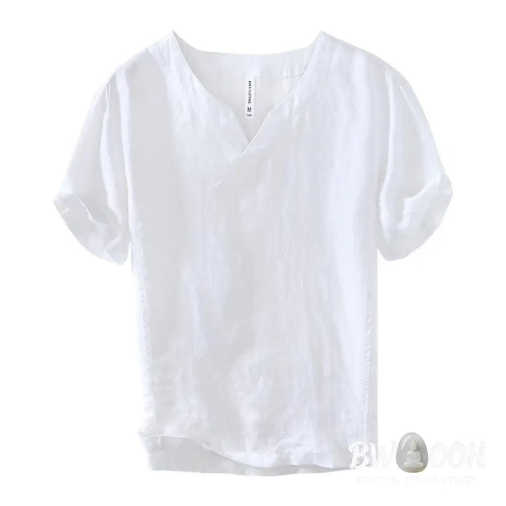 Buddha Stones Casual Plain V-neck Short Sleeve Linen Men’s Shirt - Men’s Shirts