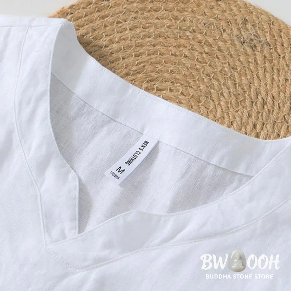 Buddha Stones Casual Plain V-neck Short Sleeve Linen Men’s Shirt - Men’s Shirts
