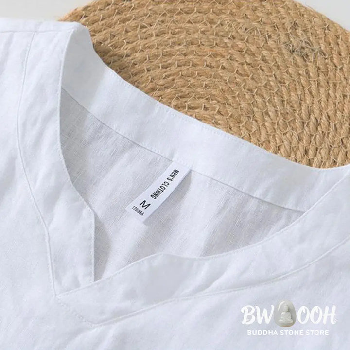 Buddha Stones Casual Plain V-neck Short Sleeve Linen Men’s Shirt - Men’s Shirts