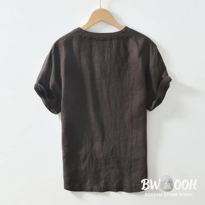 Buddha Stones Casual Plain V-neck Short Sleeve Linen Men’s Shirt - Men’s Shirts