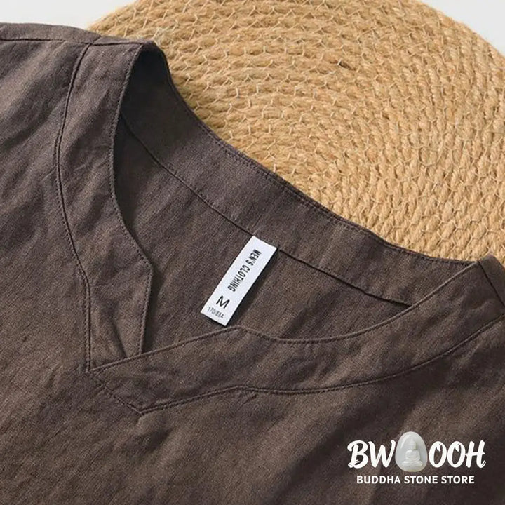 Buddha Stones Casual Plain V-neck Short Sleeve Linen Men’s Shirt - Men’s Shirts