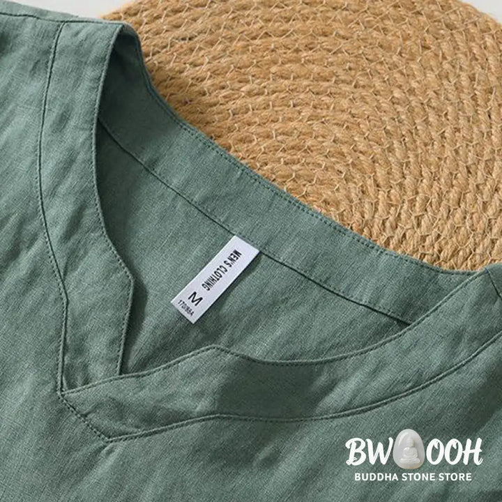 Buddha Stones Casual Plain V-neck Short Sleeve Linen Men’s Shirt - Men’s Shirts