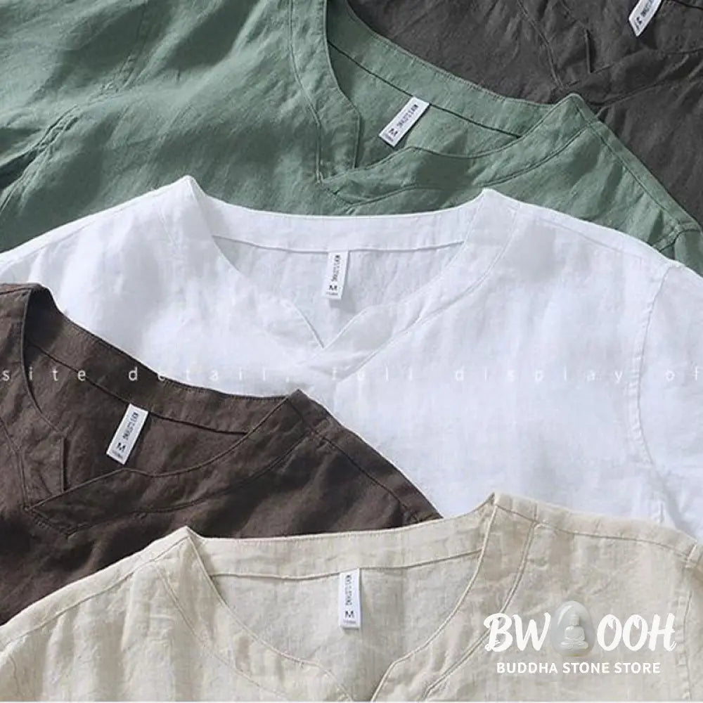 Buddha Stones Casual Plain V-neck Short Sleeve Linen Men’s Shirt - Men’s Shirts