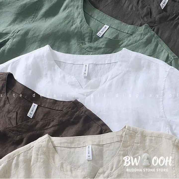 Buddha Stones Casual Plain V-neck Short Sleeve Linen Men’s Shirt - Men’s Shirts