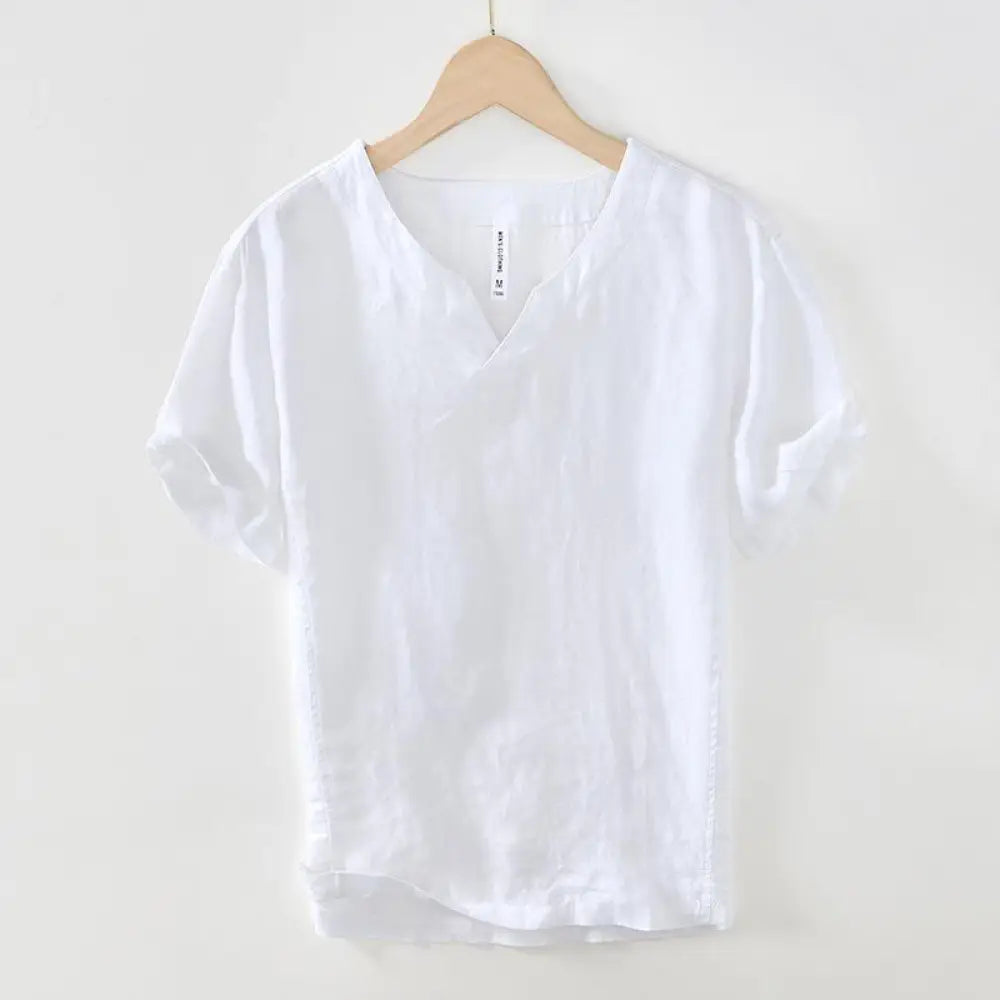 Buddha Stones Casual Plain V-neck Short Sleeve Linen Men’s Shirt - White / US/UK/AU36，EU46 (L) - Men’s Shirts