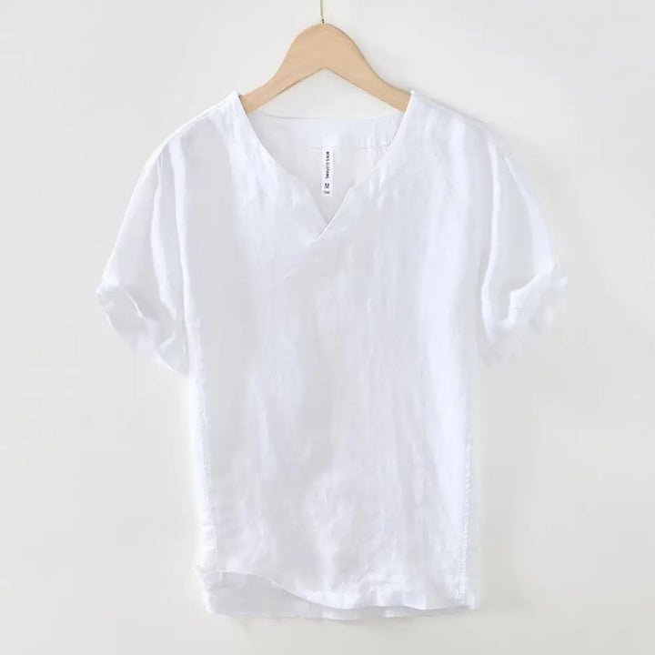 Buddha Stones Casual Plain V-neck Short Sleeve Linen Men’s Shirt - White / US/UK/AU36，EU46 (L) - Men’s Shirts