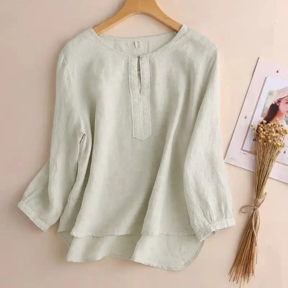 Buddha Stones Casual Plain Women’s Hollow Crew Neck Design Three Quarter Sleeve Shirt - Linen / US4，UK/AU8，EU36 (L)