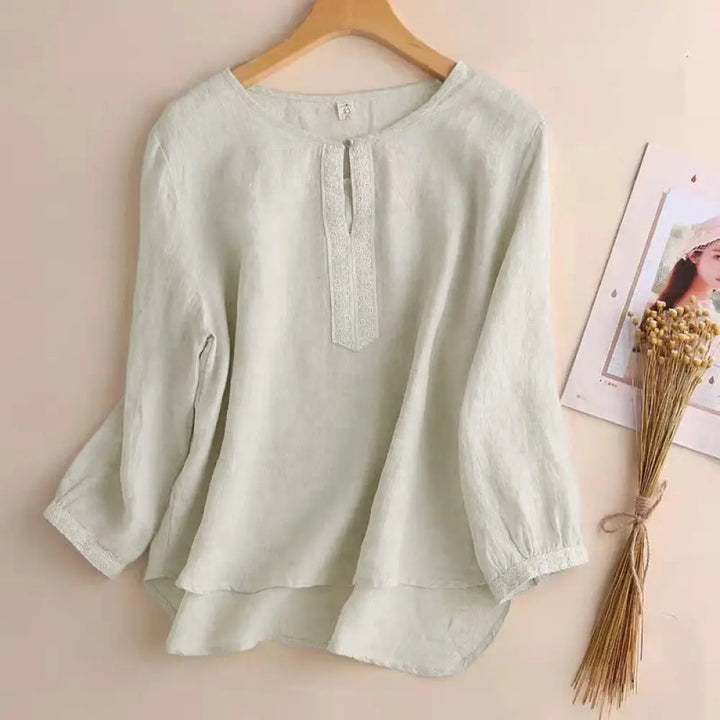 Buddha Stones Casual Plain Women’s Hollow Crew Neck Design Three Quarter Sleeve Shirt - Linen / US4，UK/AU8，EU36 (L)