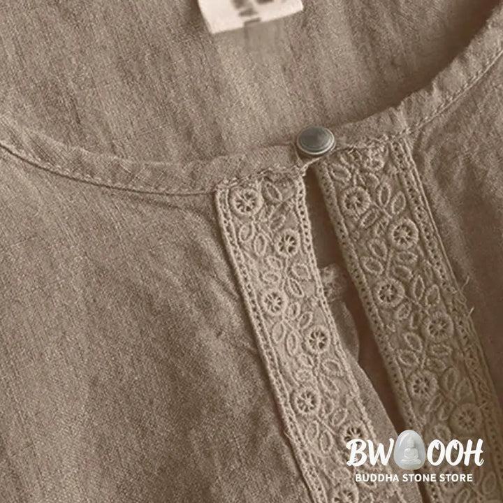 Buddha Stones Casual Plain Women’s Hollow Crew Neck Design Three Quarter Sleeve Shirt - Women’s Shirts