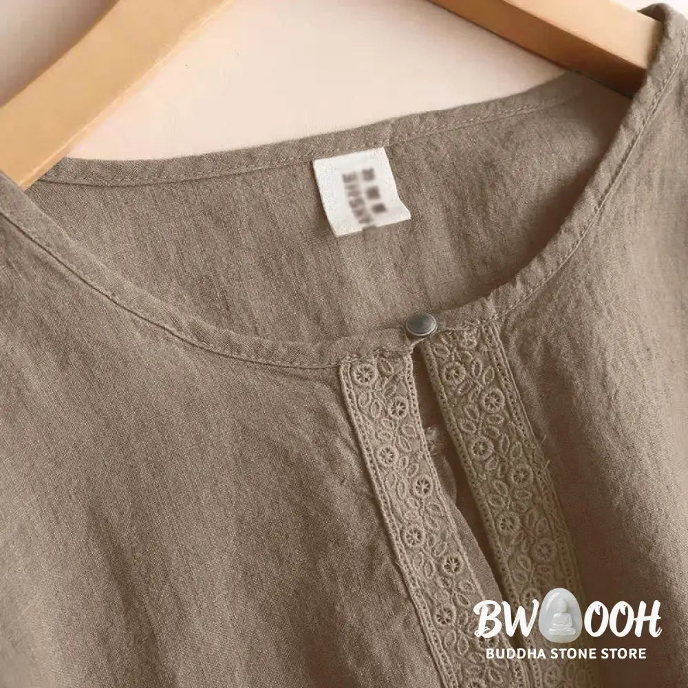 Buddha Stones Casual Plain Women’s Hollow Crew Neck Design Three Quarter Sleeve Shirt - Women’s Shirts