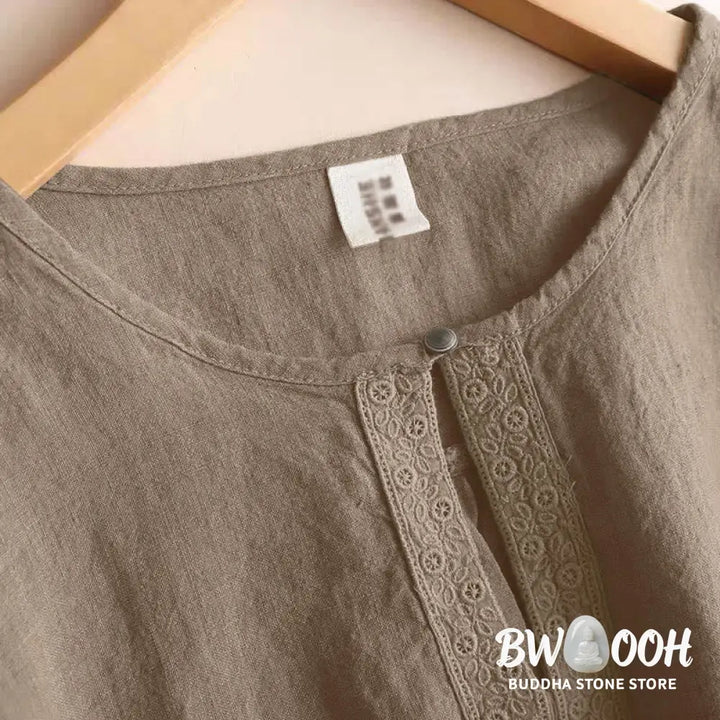 Buddha Stones Casual Plain Women’s Hollow Crew Neck Design Three Quarter Sleeve Shirt - Women’s Shirts