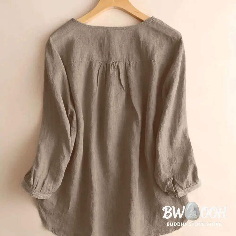 Buddha Stones Casual Plain Women’s Hollow Crew Neck Design Three Quarter Sleeve Shirt - Women’s Shirts