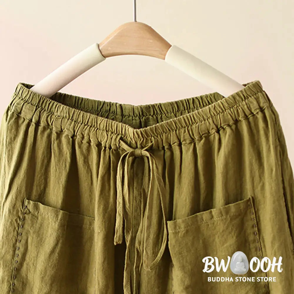 Buddha Stones Casual Plain Wrinkles Design Drawstring 9 Length Cotton Linen Women’s Wide Leg Pants With Pockets