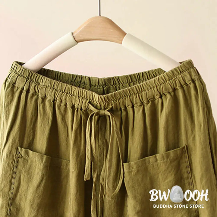 Buddha Stones Casual Plain Wrinkles Design Drawstring 9 Length Cotton Linen Women’s Wide Leg Pants With Pockets