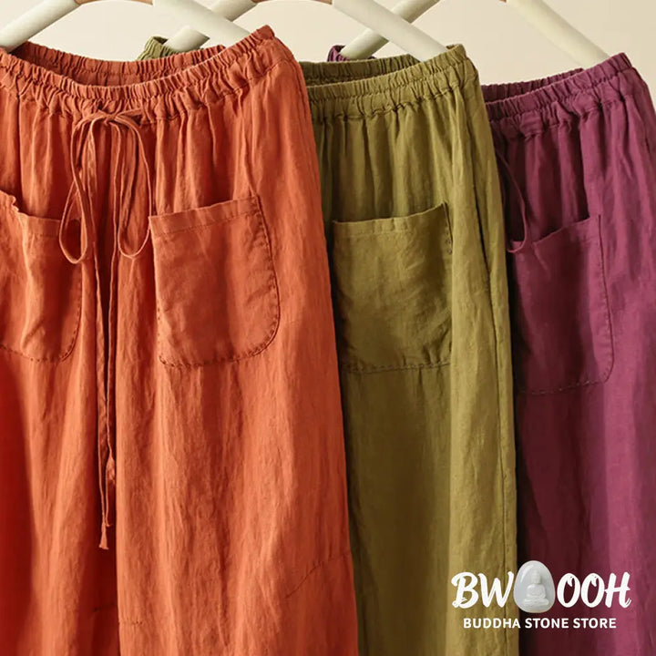 Buddha Stones Casual Plain Wrinkles Design Drawstring 9 Length Cotton Linen Women’s Wide Leg Pants With Pockets