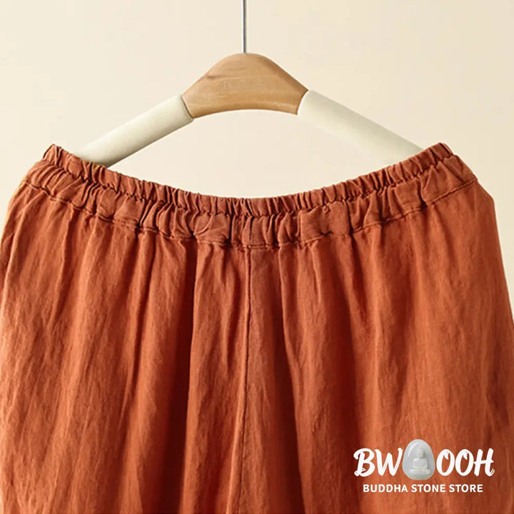 Buddha Stones Casual Plain Wrinkles Design Drawstring 9 Length Cotton Linen Women’s Wide Leg Pants With Pockets