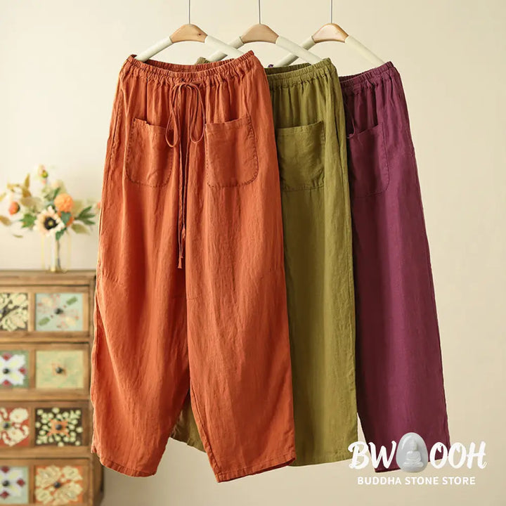 Buddha Stones Casual Plain Wrinkles Design Drawstring 9 Length Cotton Linen Women’s Wide Leg Pants With Pockets