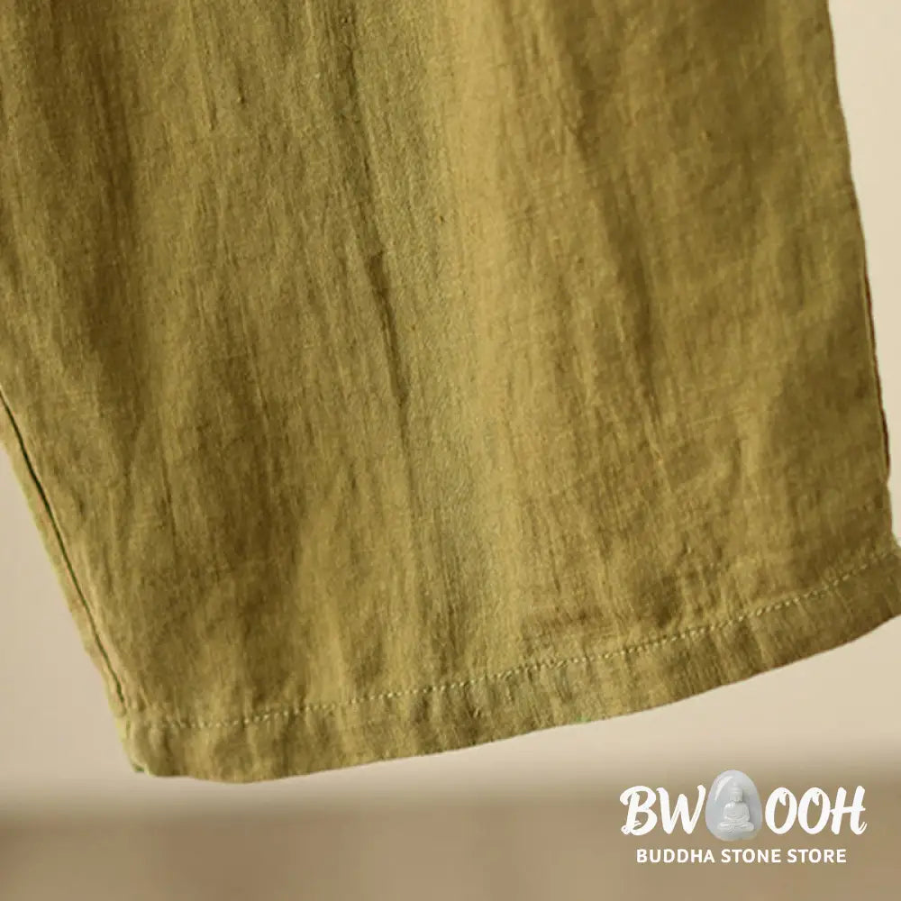 Buddha Stones Casual Plain Wrinkles Design Drawstring 9 Length Cotton Linen Women’s Wide Leg Pants With Pockets