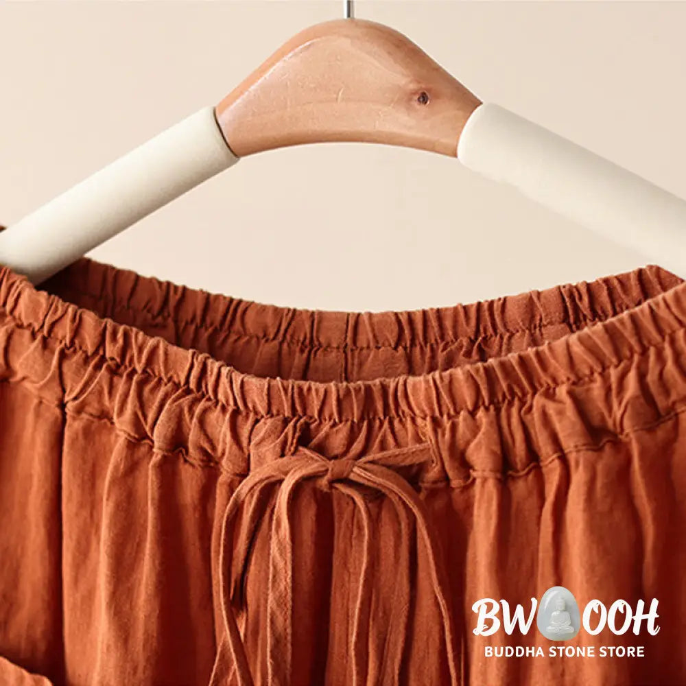 Buddha Stones Casual Plain Wrinkles Design Drawstring 9 Length Cotton Linen Women’s Wide Leg Pants With Pockets