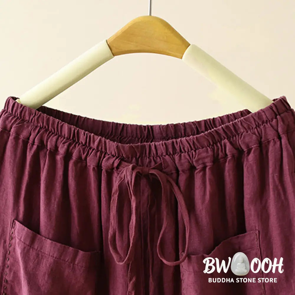 Buddha Stones Casual Plain Wrinkles Design Drawstring 9 Length Cotton Linen Women’s Wide Leg Pants With Pockets