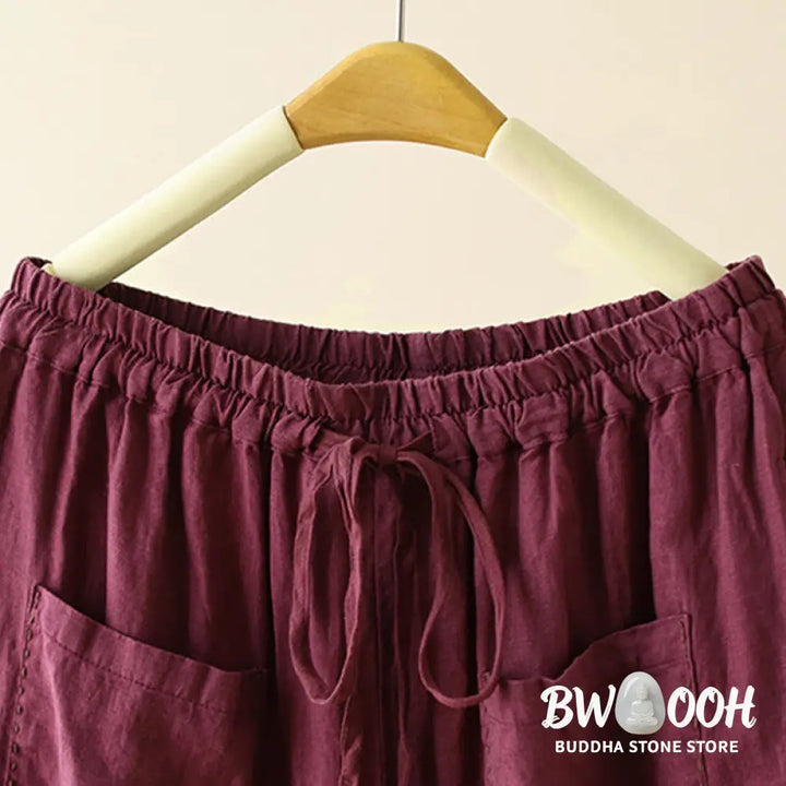 Buddha Stones Casual Plain Wrinkles Design Drawstring 9 Length Cotton Linen Women’s Wide Leg Pants With Pockets