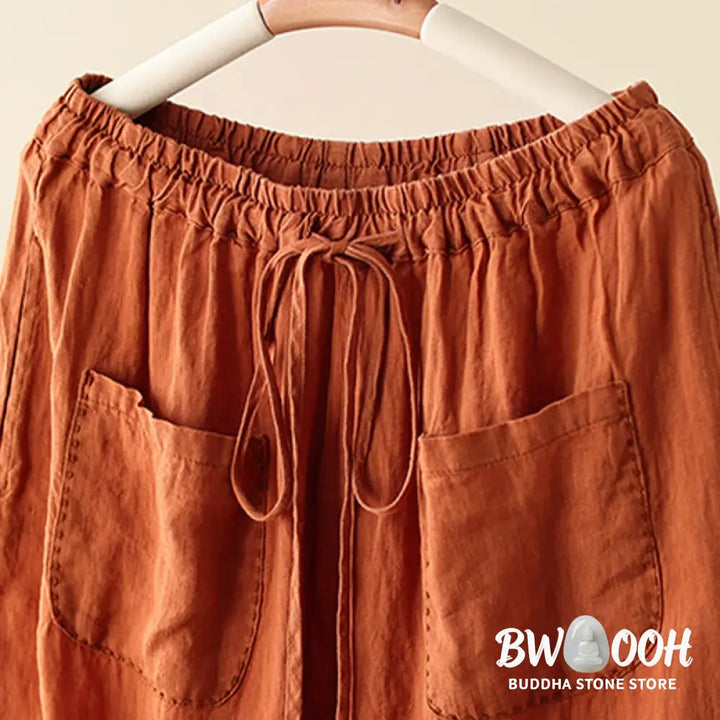Buddha Stones Casual Plain Wrinkles Design Drawstring 9 Length Cotton Linen Women’s Wide Leg Pants With Pockets