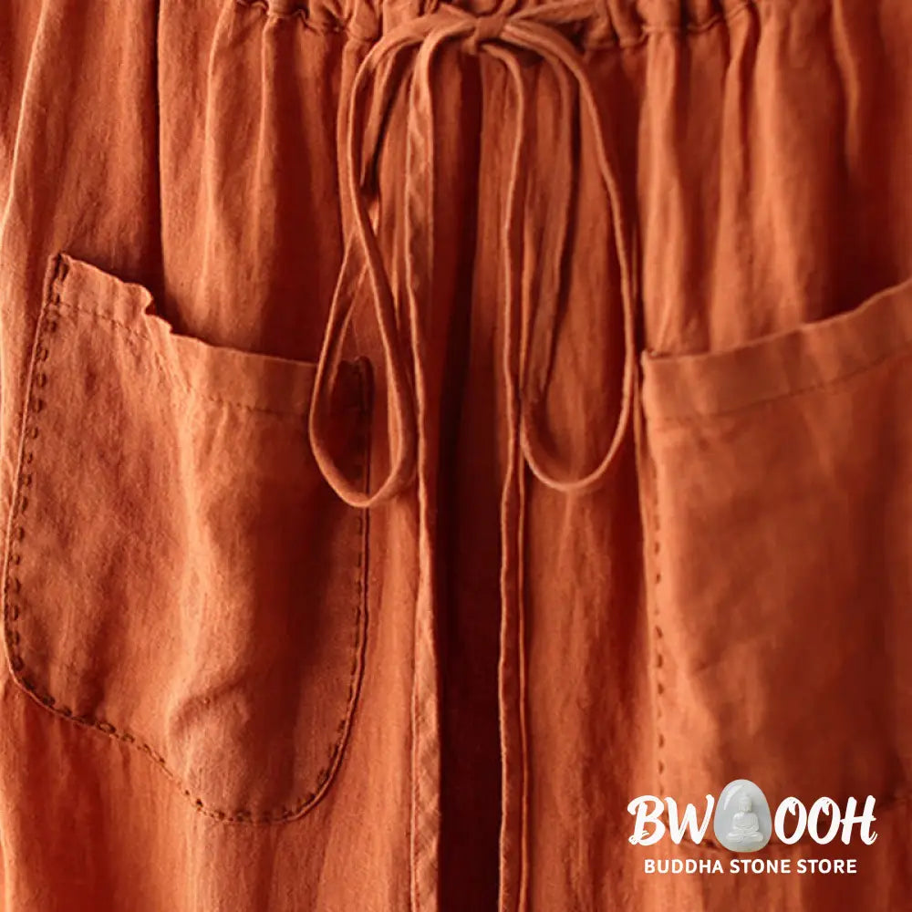 Buddha Stones Casual Plain Wrinkles Design Drawstring 9 Length Cotton Linen Women’s Wide Leg Pants With Pockets