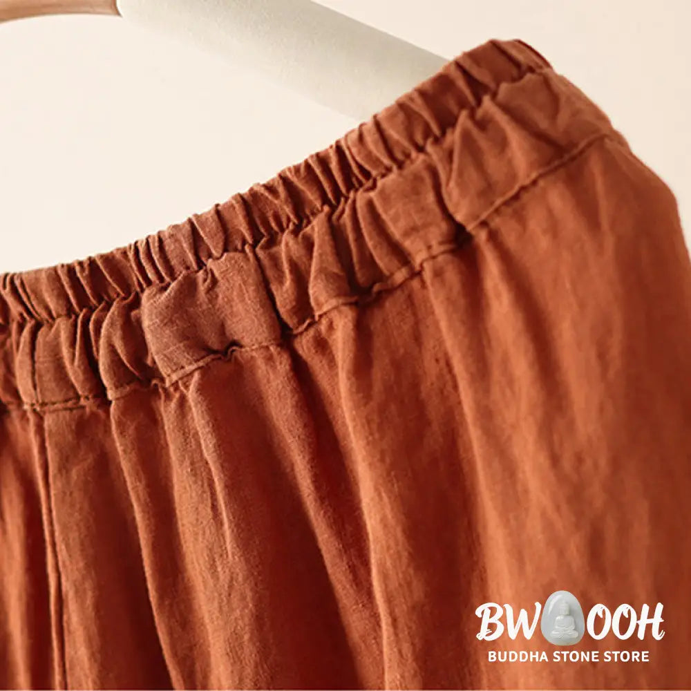 Buddha Stones Casual Plain Wrinkles Design Drawstring 9 Length Cotton Linen Women’s Wide Leg Pants With Pockets