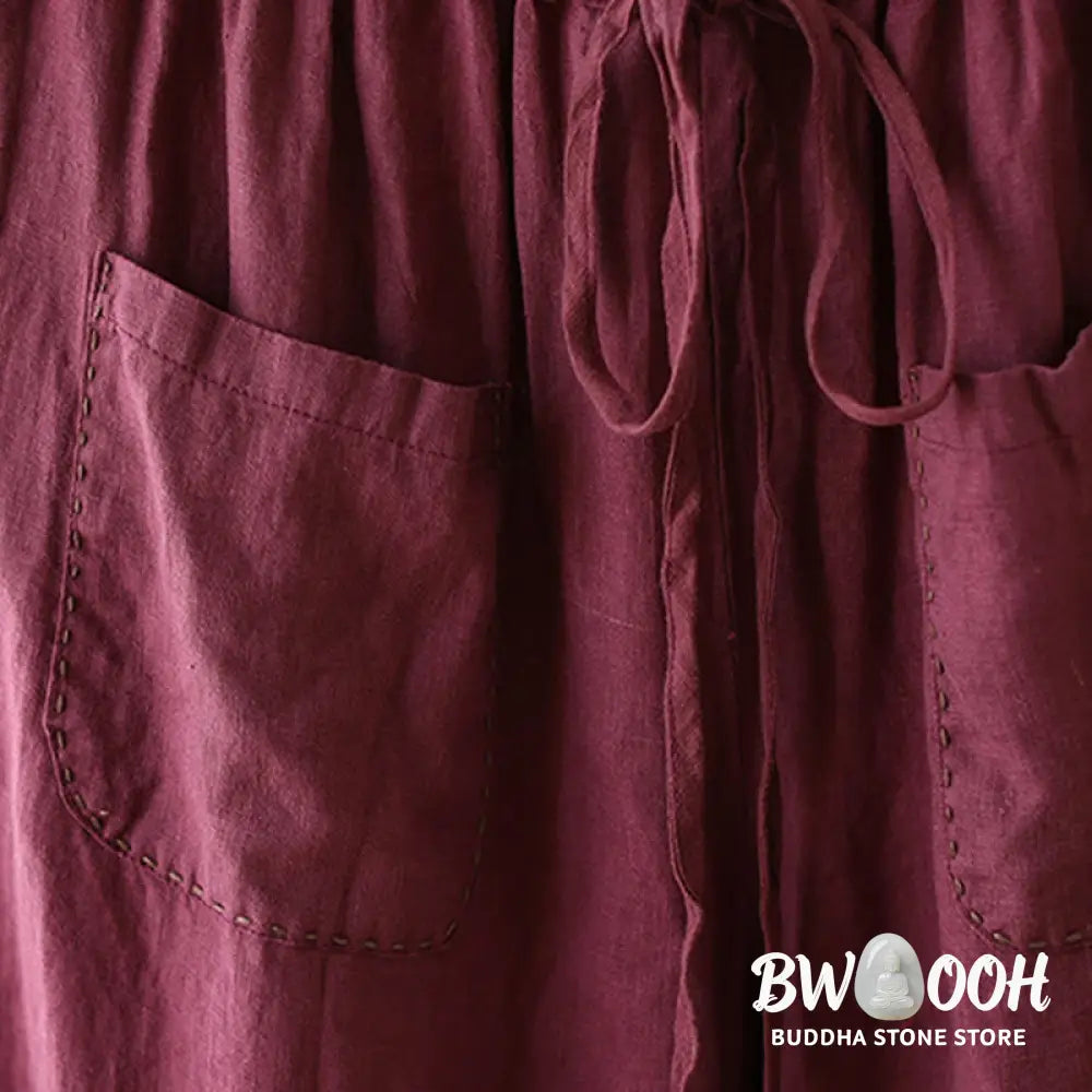 Buddha Stones Casual Plain Wrinkles Design Drawstring 9 Length Cotton Linen Women’s Wide Leg Pants With Pockets