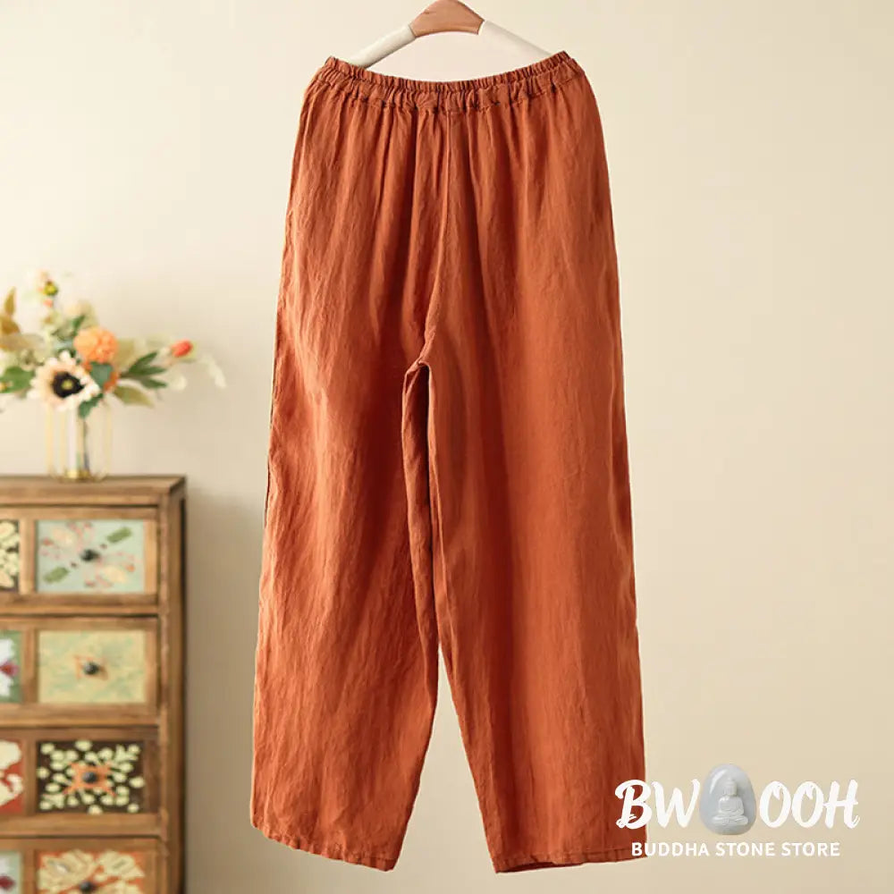 Buddha Stones Casual Plain Wrinkles Design Drawstring 9 Length Cotton Linen Women’s Wide Leg Pants With Pockets