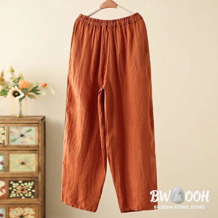 Buddha Stones Casual Plain Wrinkles Design Drawstring 9 Length Cotton Linen Women’s Wide Leg Pants With Pockets