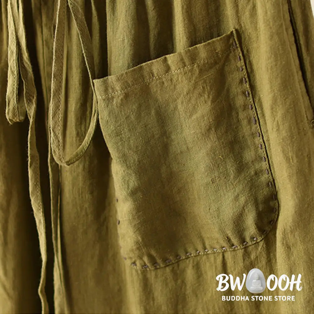 Buddha Stones Casual Plain Wrinkles Design Drawstring 9 Length Cotton Linen Women’s Wide Leg Pants With Pockets
