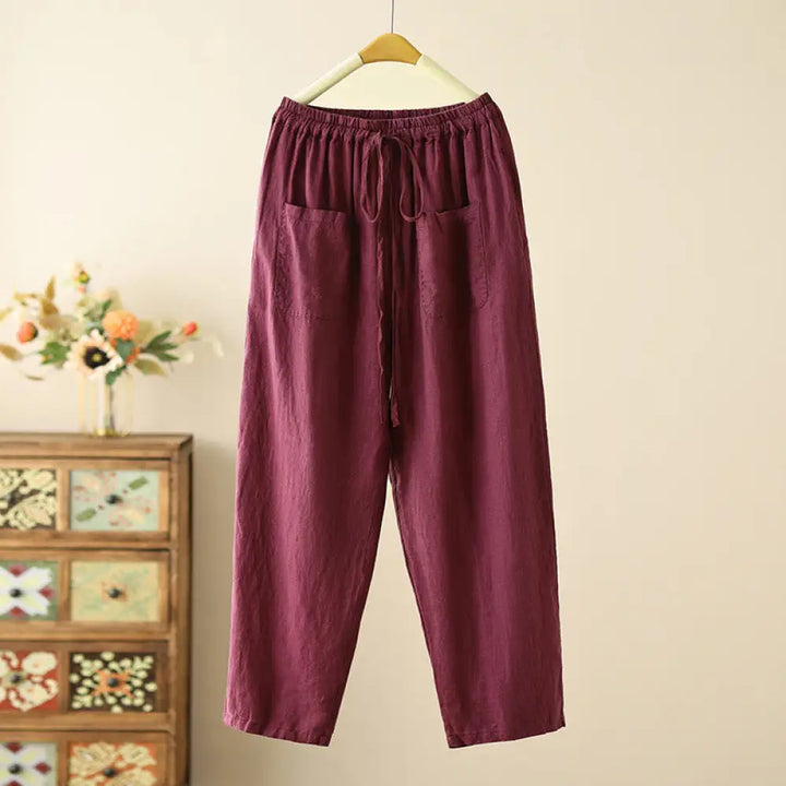Buddha Stones Casual Plain Wrinkles Design Drawstring 9 Length Cotton Linen Women’s Wide Leg Pants With Pockets