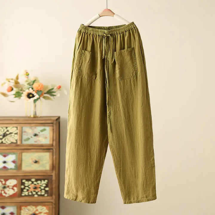 Buddha Stones Casual Plain Wrinkles Design Drawstring 9 Length Cotton Linen Women’s Wide Leg Pants With Pockets