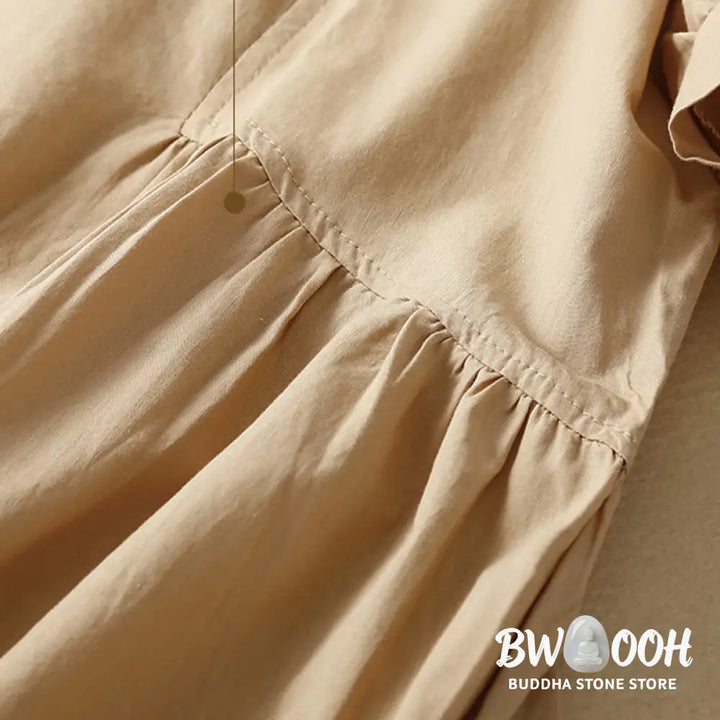 Buddha Stones Casual Pure Color Design Short Sleeve V-Neck Cotton Midi Dress With Pockets - Midi Dress