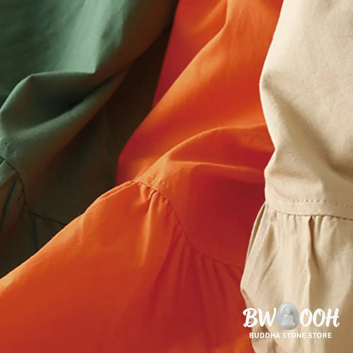 Buddha Stones Casual Pure Color Design Short Sleeve V-Neck Cotton Midi Dress With Pockets - Midi Dress