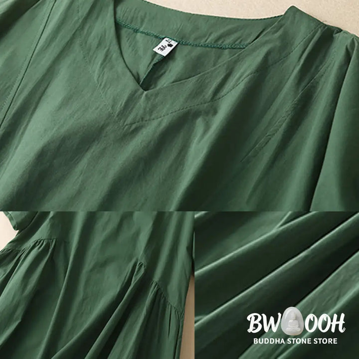 Buddha Stones Casual Pure Color Design Short Sleeve V-Neck Cotton Midi Dress With Pockets - Midi Dress