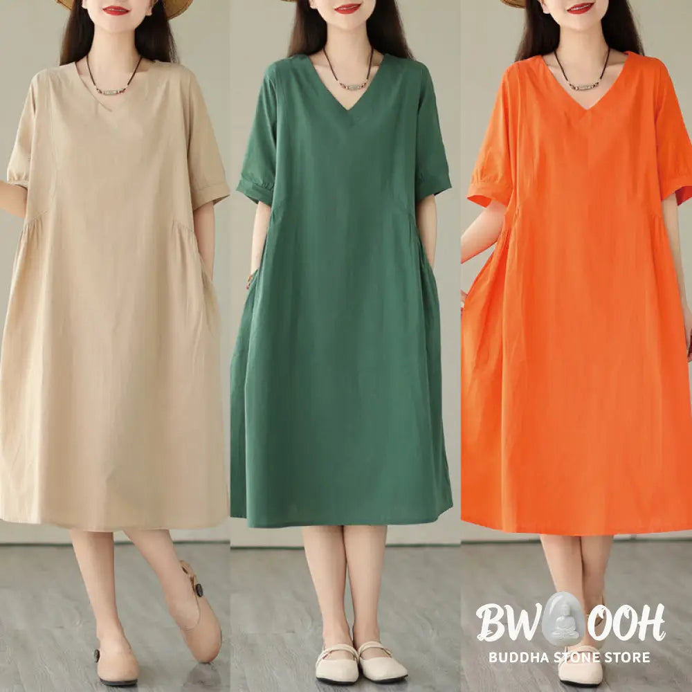 Buddha Stones Casual Pure Color Design Short Sleeve V-Neck Cotton Midi Dress With Pockets - Midi Dress