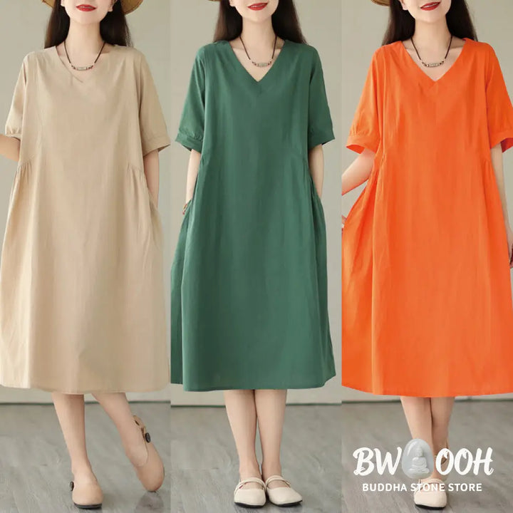 Buddha Stones Casual Pure Color Design Short Sleeve V-Neck Cotton Midi Dress With Pockets - Midi Dress