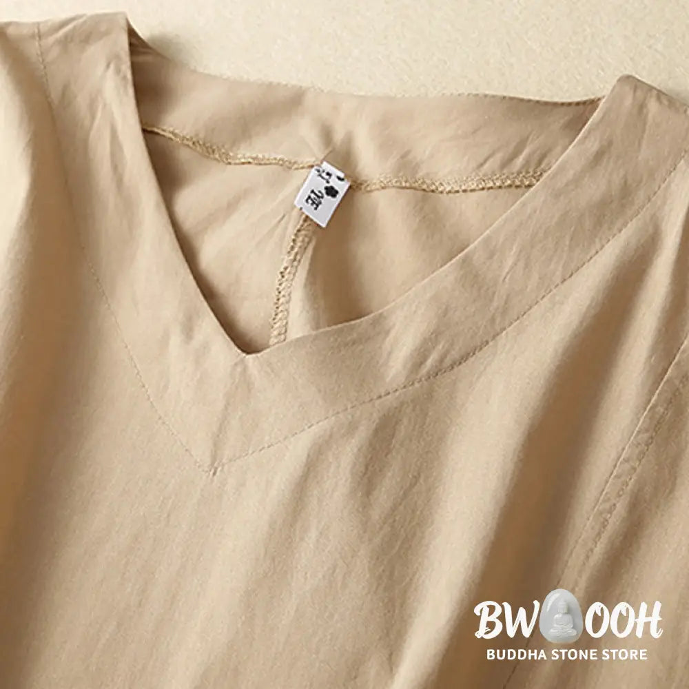 Buddha Stones Casual Pure Color Design Short Sleeve V-Neck Cotton Midi Dress With Pockets - Midi Dress