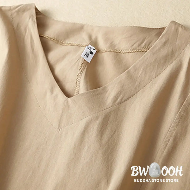 Buddha Stones Casual Pure Color Design Short Sleeve V-Neck Cotton Midi Dress With Pockets - Midi Dress