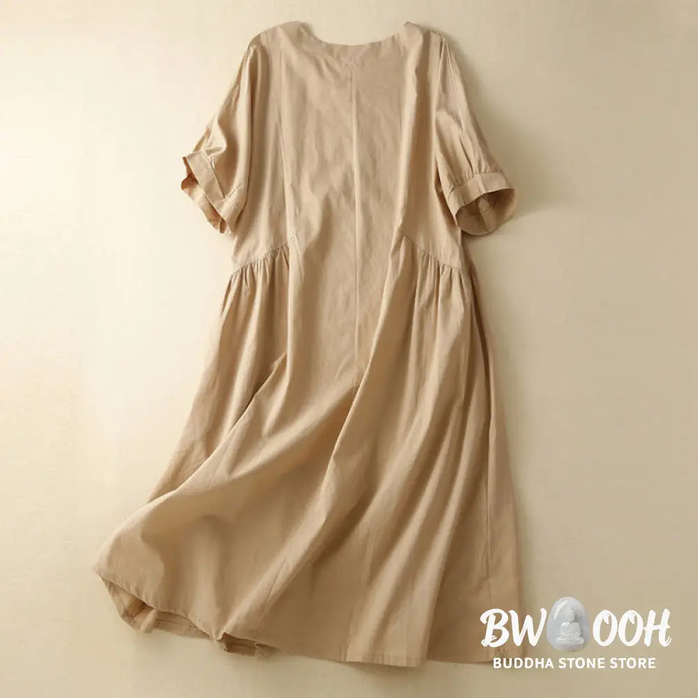 Buddha Stones Casual Pure Color Design Short Sleeve V-Neck Cotton Midi Dress With Pockets - Midi Dress