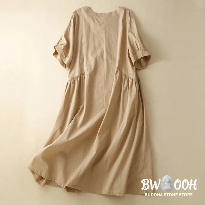 Buddha Stones Casual Pure Color Design Short Sleeve V-Neck Cotton Midi Dress With Pockets - Midi Dress