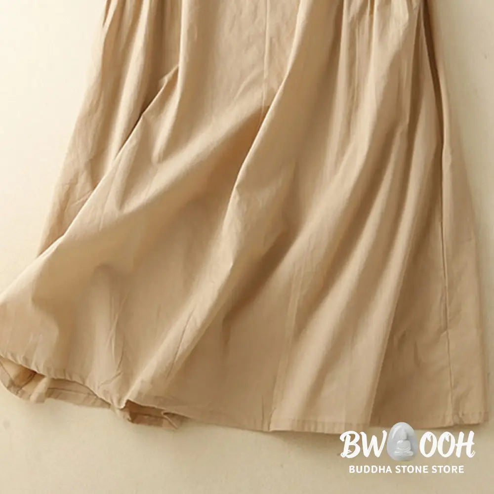 Buddha Stones Casual Pure Color Design Short Sleeve V-Neck Cotton Midi Dress With Pockets - Midi Dress