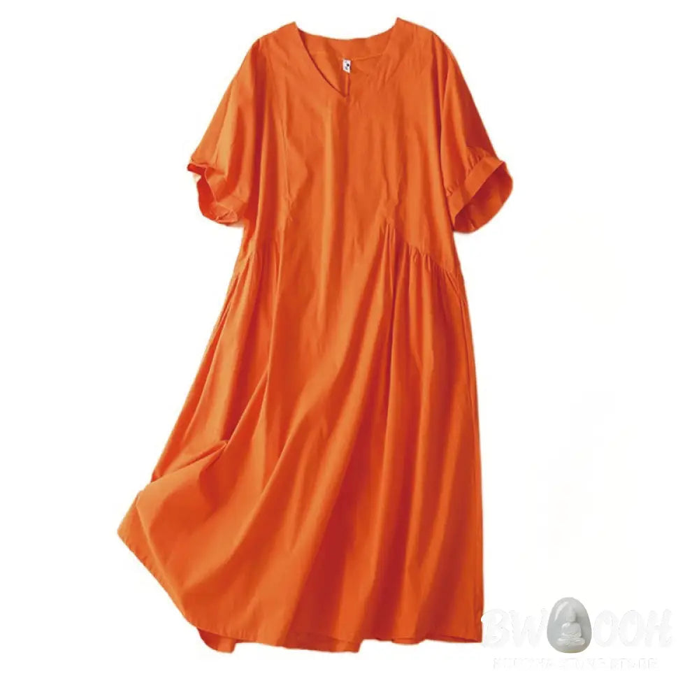 Buddha Stones Casual Pure Color Design Short Sleeve V-Neck Cotton Midi Dress With Pockets - Midi Dress