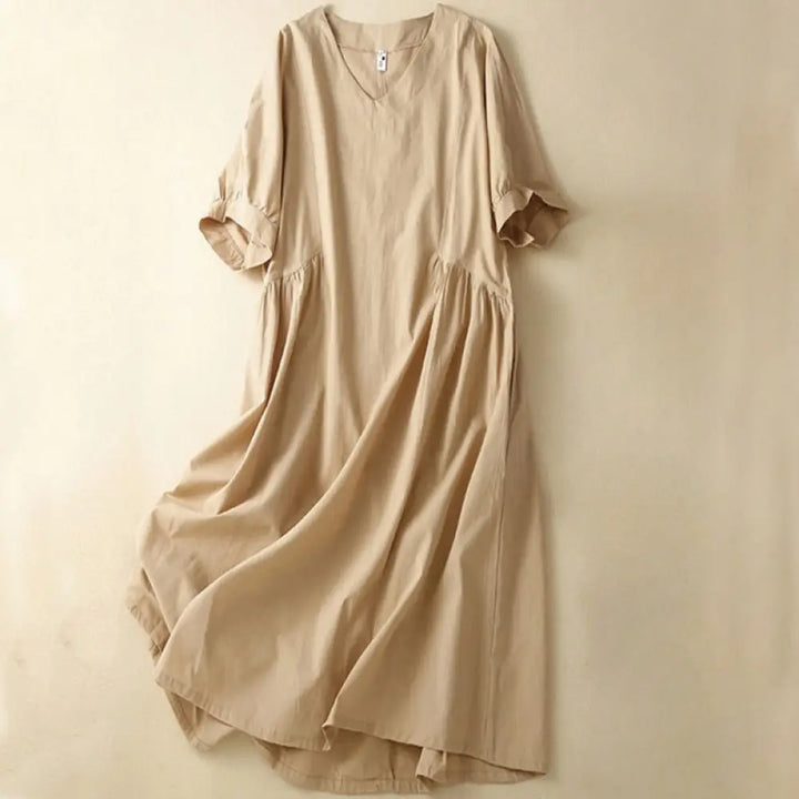 Buddha Stones Casual Pure Color Design Short Sleeve V-Neck Cotton Midi Dress With Pockets - PaleGoldenrod