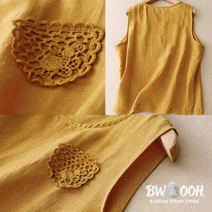 Buddha Stones Casual Pure Color Embroidery Patchwork Design Sleeveless Crew Neck Women’s Cotton Linen Vest - Women’s
